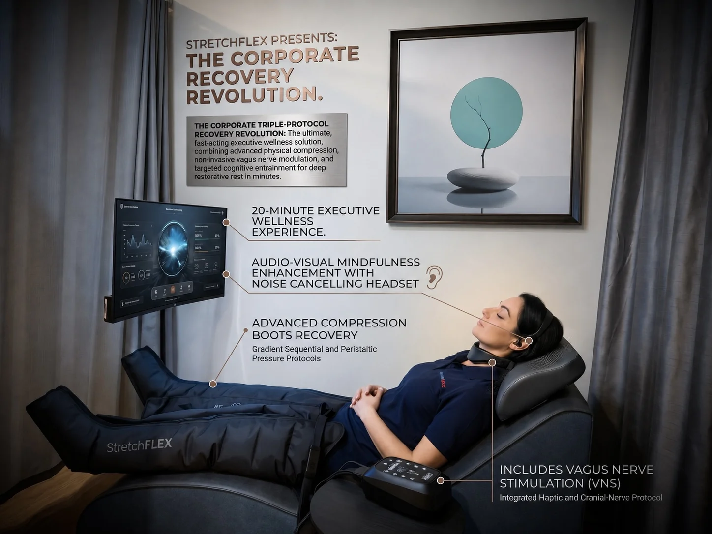 The 20-minute Triune Protocol session - calibrated pneumatic compression, vagus nerve stimulation and synchronised audiovisual mindfulness